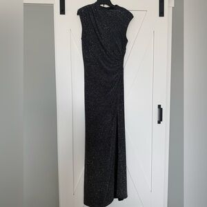 Betsy & Adam Mock Neck Gown Structured Shoulder Metallic Evening Dress Size 14